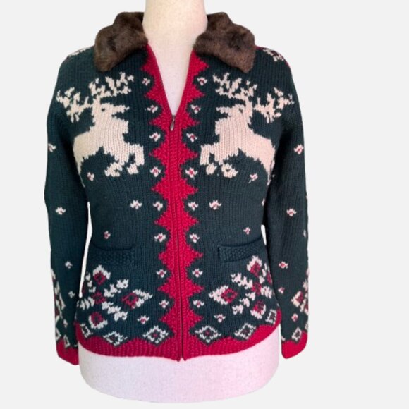 VTG Ralph Lauren Hand Knit Reindeer Cardigan Faux Fur Collar 90's (Size S) - Picture 1 of 16